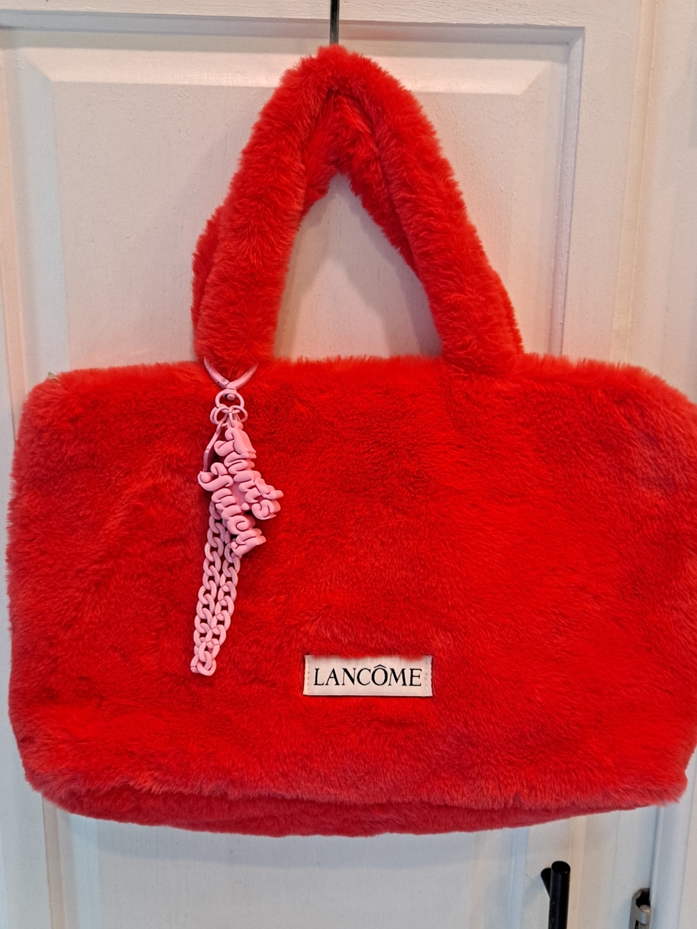 Lancôme Cherry Red Fuzzy Faux Fur Cozy Ultra Plush Tote w/That's Juicy Charms